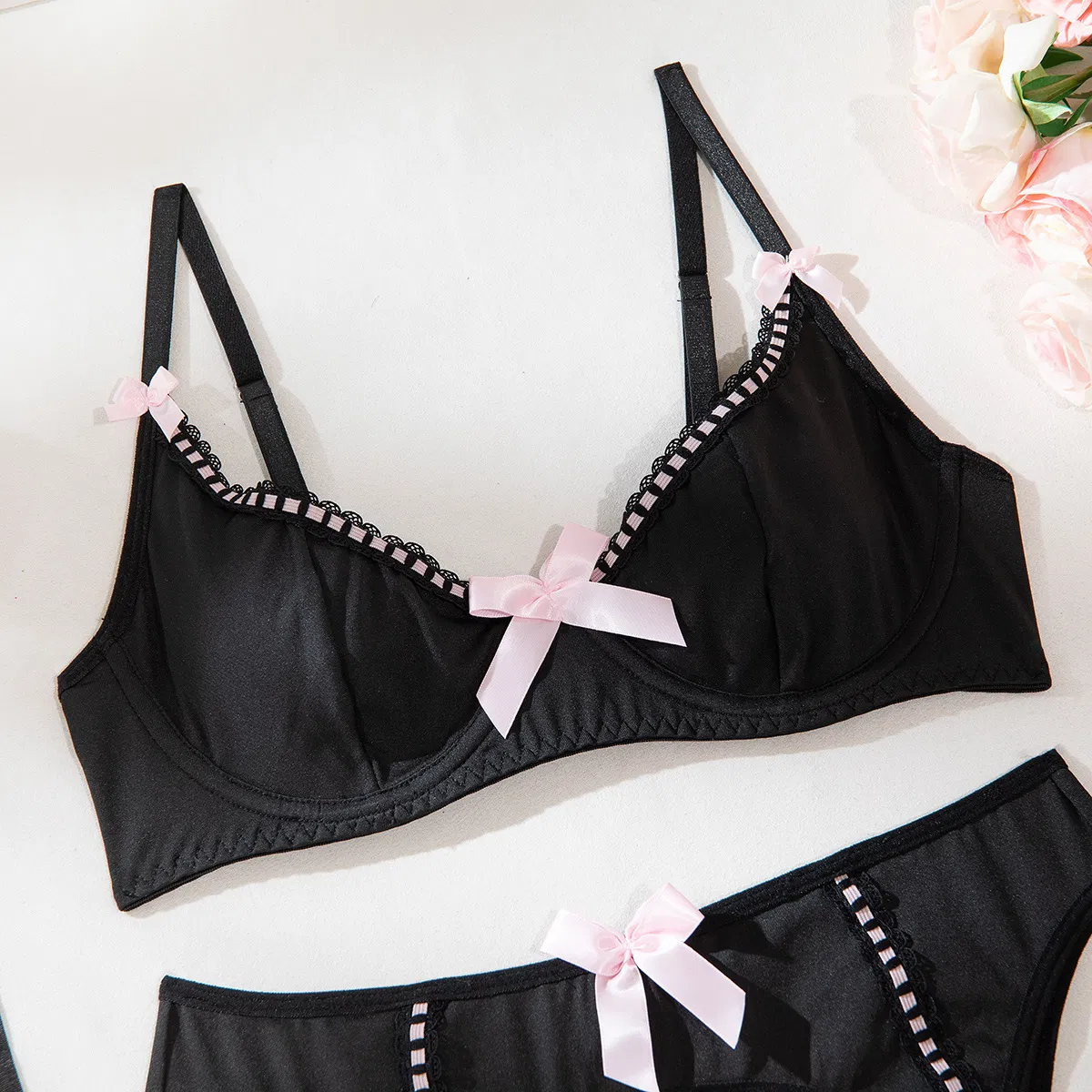 Wholesale Ultra-Thin Bowknot Underwear Set with Stockings Sexy Erotic 4 PCS Lingerie