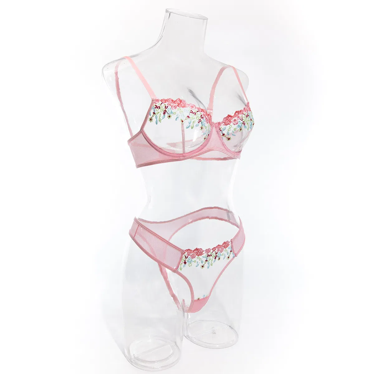 Sexy See-Through Mesh Pink Floral Embroidery Bra Set Hot Selling Women Lingerie