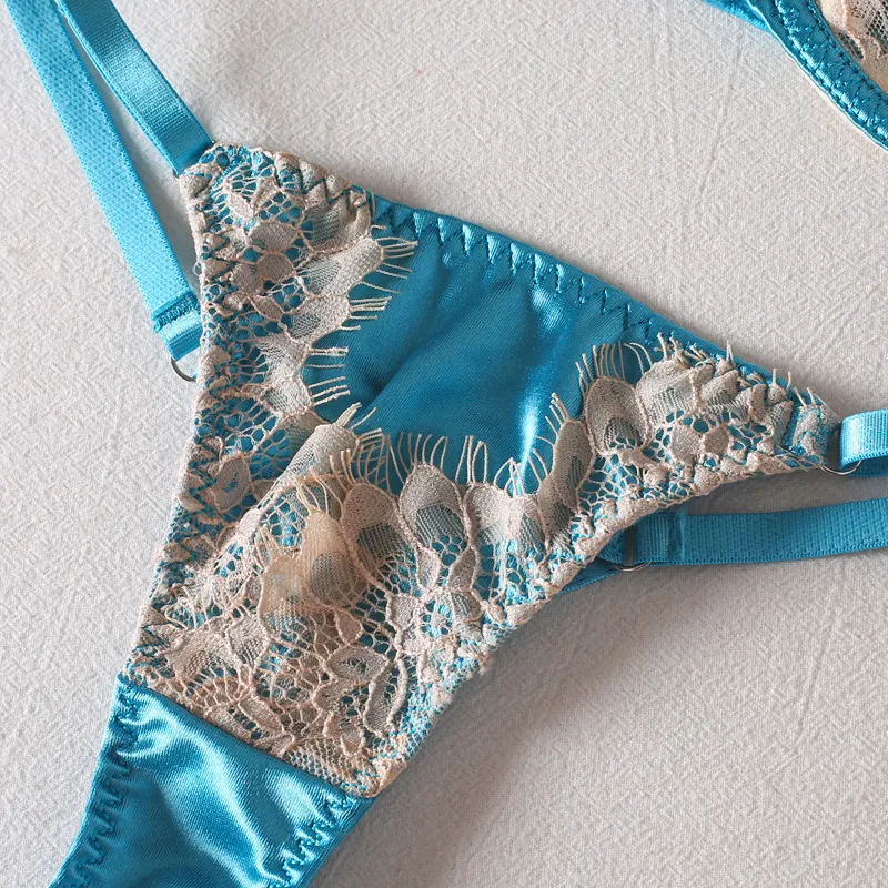 Wholesale Transparent Mesh Underwear Set Sexy Embroidery Floral Lace 2 Piece Lingerie