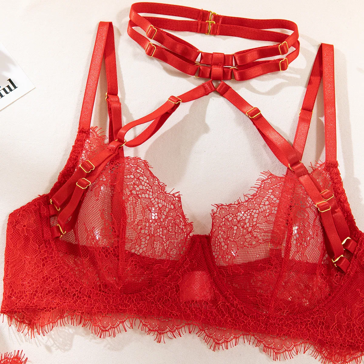 Sexy Eyelash Lace Woman's Underwear Set Wholesale Erotic See-Through Embroidery Mesh Lingerie
