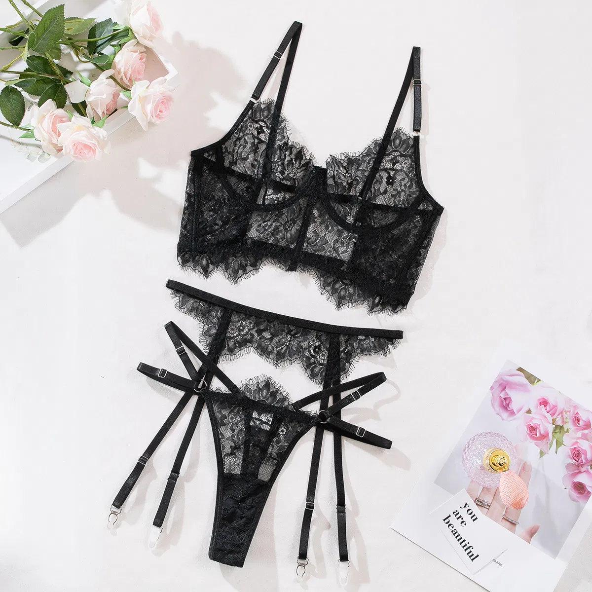 Sexy Eyelash Lace Fishbone Underwear Set Wholesale See-Through Woman Lingerie