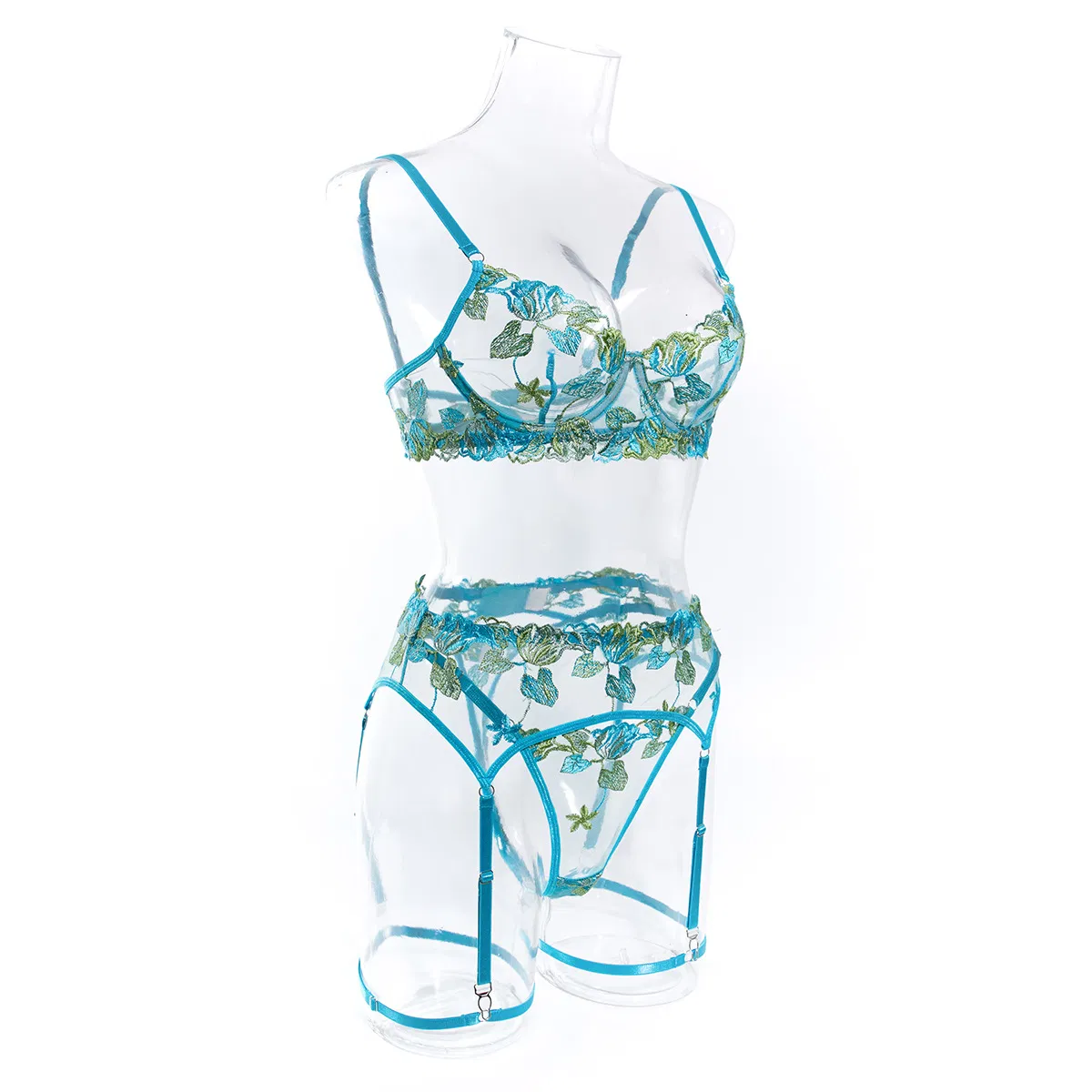 Sexy Erotic See Through Three Piece Woman Underwear Set Wholesale Flower Embroidery Lingerie