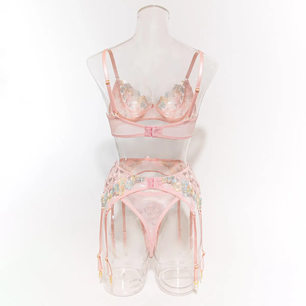 Wholesale Flower Embroidery Underwear Set Sexy Delicate Perspective Mesh Three-Piece Lingerie