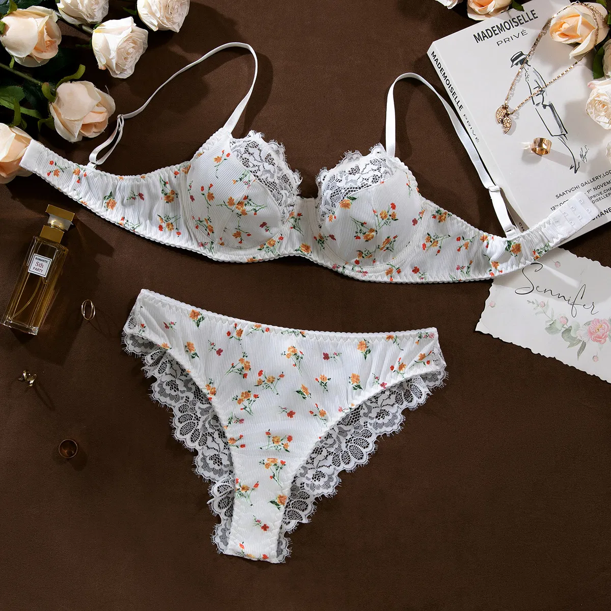 Wholesale Sheer Embroidered Lace Thin Bra Set Sexy Flower Print Woman 2PCS Lingerie