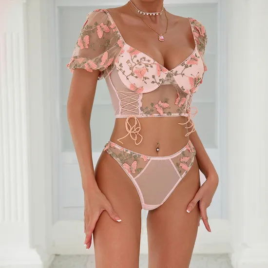 Wholesale Floral Embroidery Bubble Sleeve Underwear Set Sexy See-Through 2-Piece Lingerie