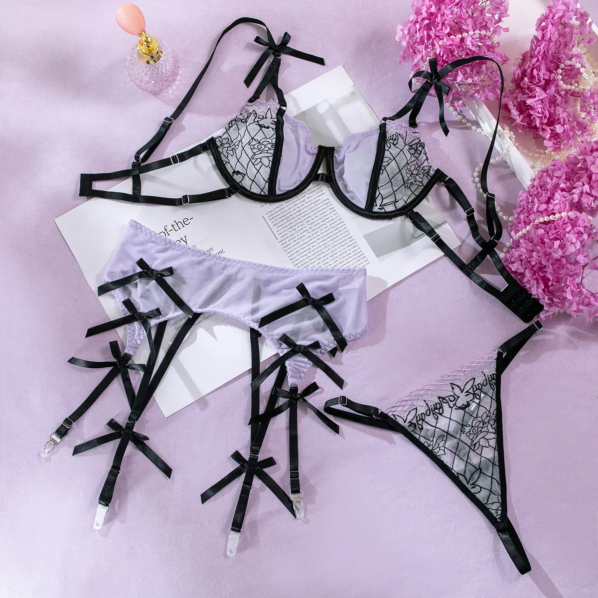 Sexy Erotic Perspective Mesh Woman Bra Set Hot Sale Bow Knot 3PCS Lingerie