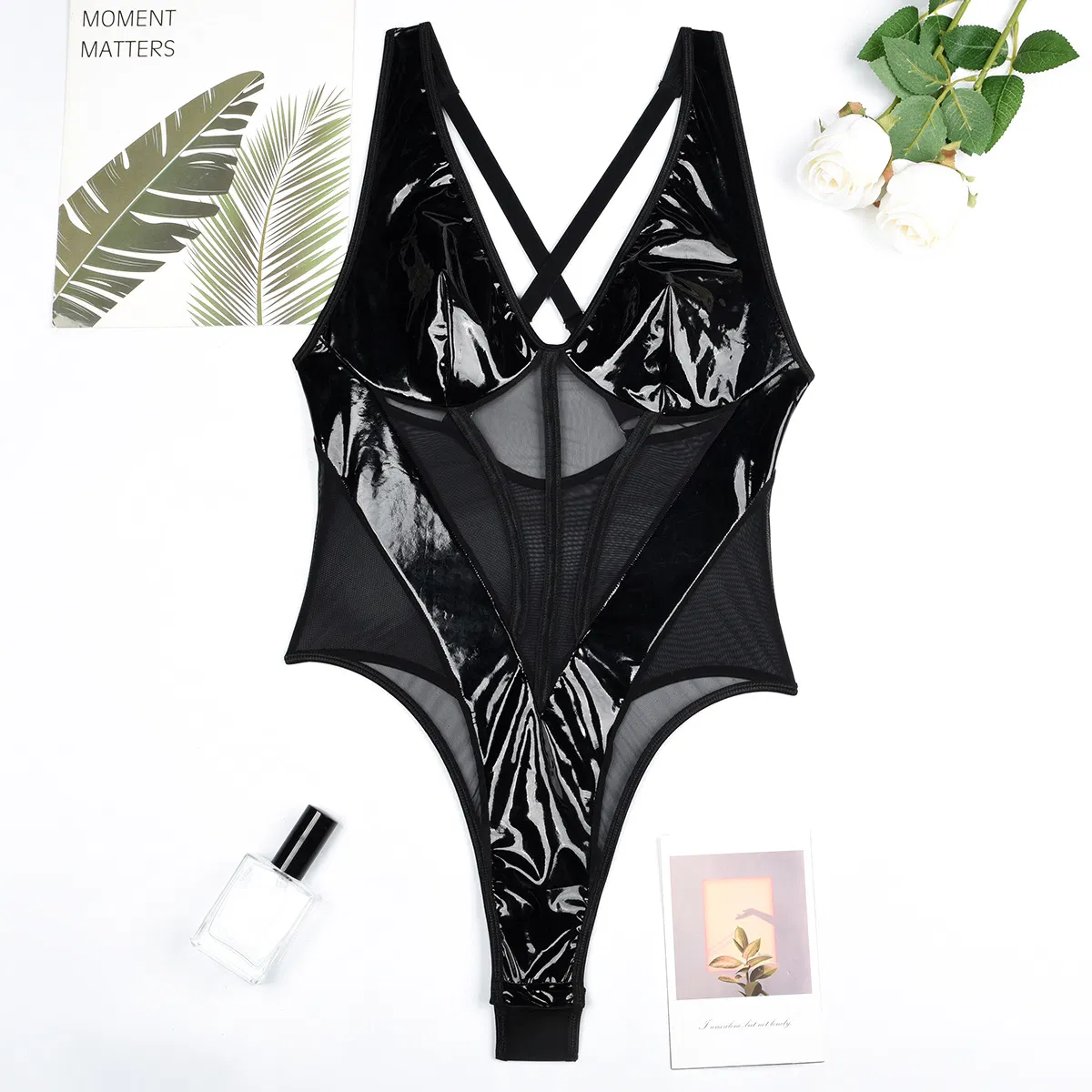 Wholesale Erotic V Neck PU Leather Underwear Set Sexy Sleeveless See-Through Lingerie