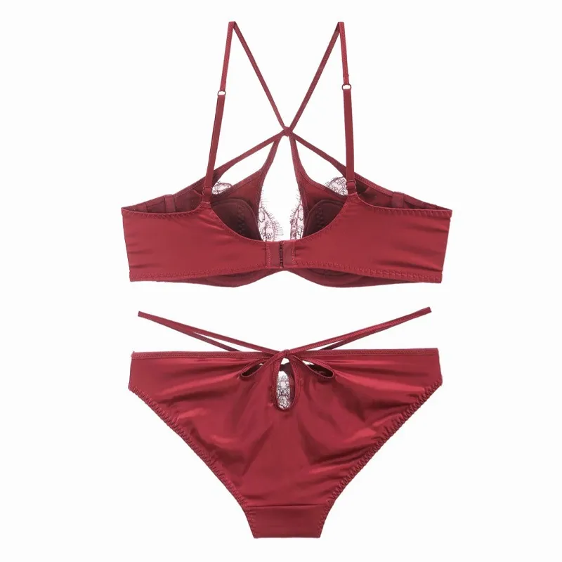 Wholesale French Style Transparent Eyelash Lace Sexy Breathable Satin Ultra-Thin Lingerie for Women Gathering Bra Set Underwear