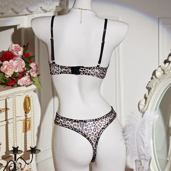 Wholesale Transparent Leopard Print Two-Piece Bra Set Sexy Thin Woman Lingerie