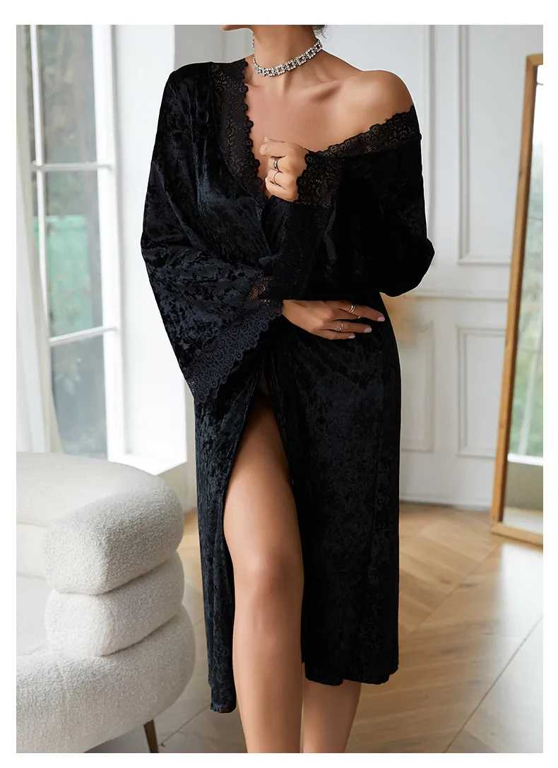 Wholesale Long-Sleeved Sleepwear Nightwear Sexy Microfiber Lace Woman's Robe
