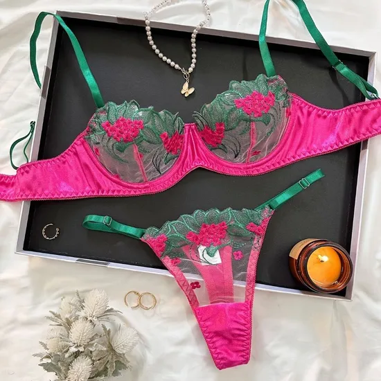 French Ultra-Thin Embroidered Hollow out See-Through Mesh Underwear Set Bra Sexy Lingerie