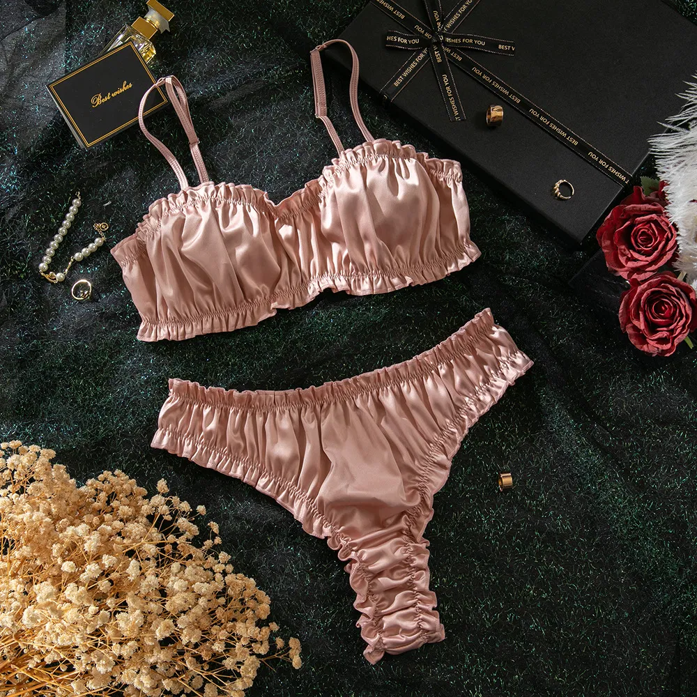 Sexy Two Piece Woman Bra Set Wholesale Solid Color Satin Luxury Lingerie