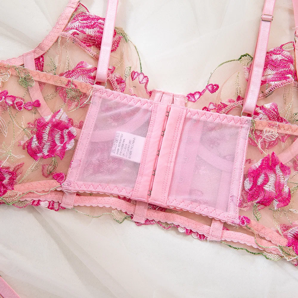Wholesale Fishbone Transparent Mesh Bra Set Sexy Flower Embroidered Thin Woman Lingerie