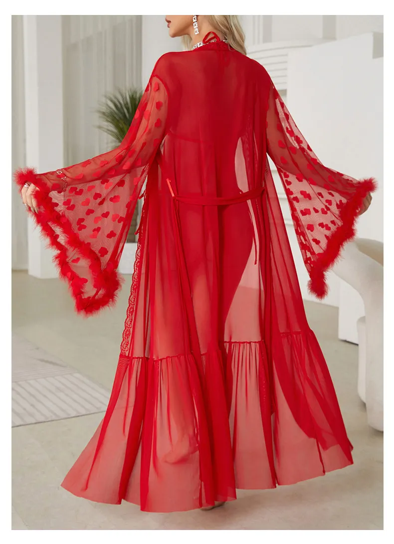 Sexy Long Sleeve Transparent Women Pajamas Sleepwear Wholesale Lace Deep V Bath Robe