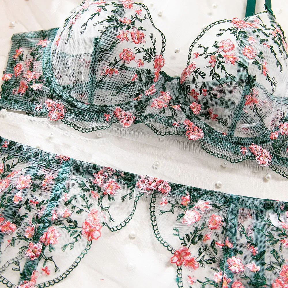New Flower Embroidery Bra Brief Set Sexy High Quality See-Through Mesh Woman Lingerie