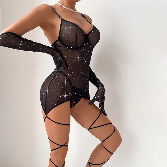 Sexy Transparent Flash Mesh Woman Bra Set with Gloves Wholesale Solid Color Ultral-Thin Lingerie
