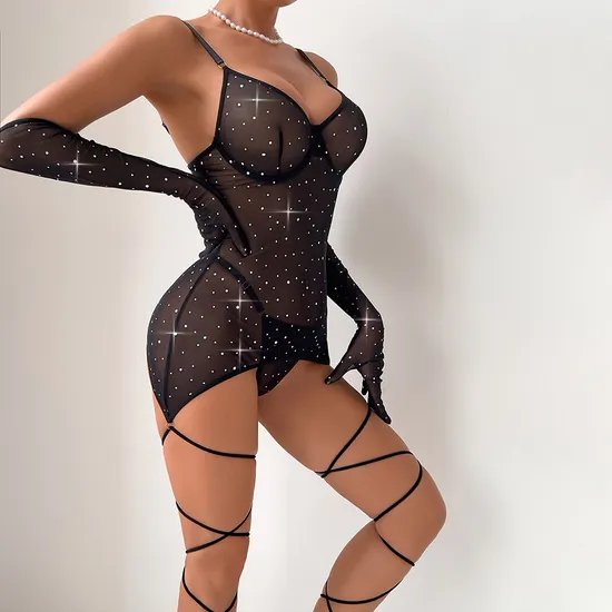 Sexy Transparent Flash Mesh Woman Bra Set with Gloves Wholesale Solid Color Ultral-Thin Lingerie