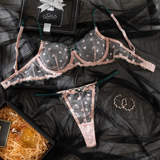 Wholesale Contrast Color Thin Woman Bra Set Sexy Transparent Mesh Thin Woman Lingerie