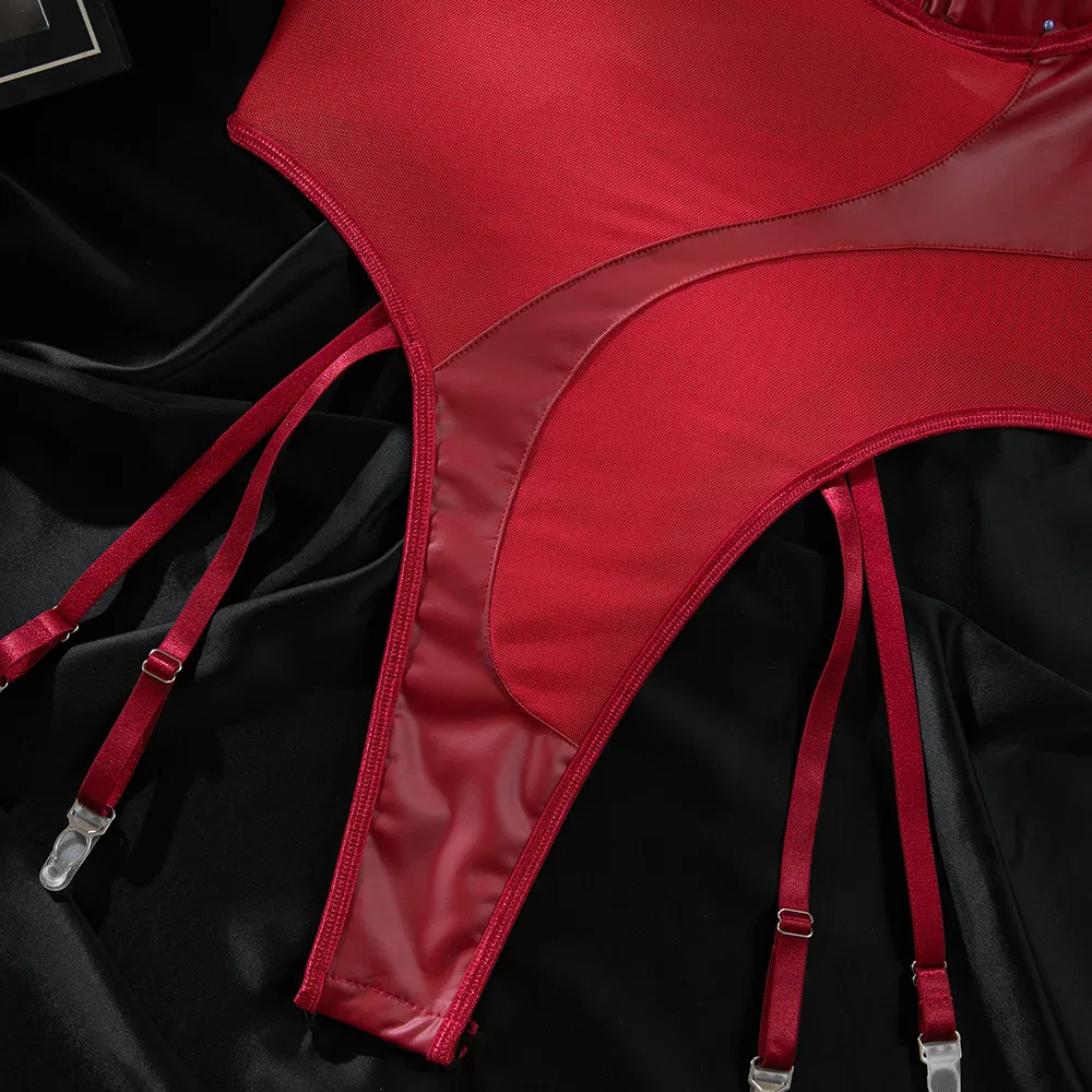 Sexy See-Through Leather Patchwork Mesh Underwear Set Wholesale Hollow out One-Piece Lingerie