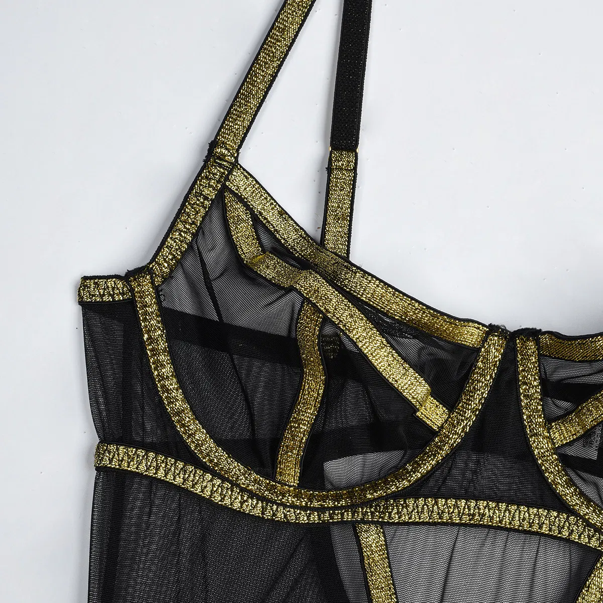 Sexy Wire Lines See-Through Mesh Patchwork Woman Bra Set Hot V-Neck One-Piece Lingerie