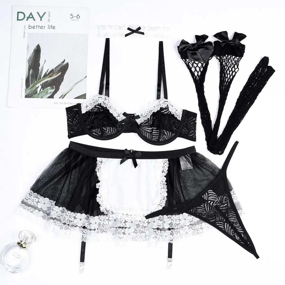 Sexy Transparent Mesh Skirt Woman Bra Set with Stockings New Contrast Color Maid Lingerie