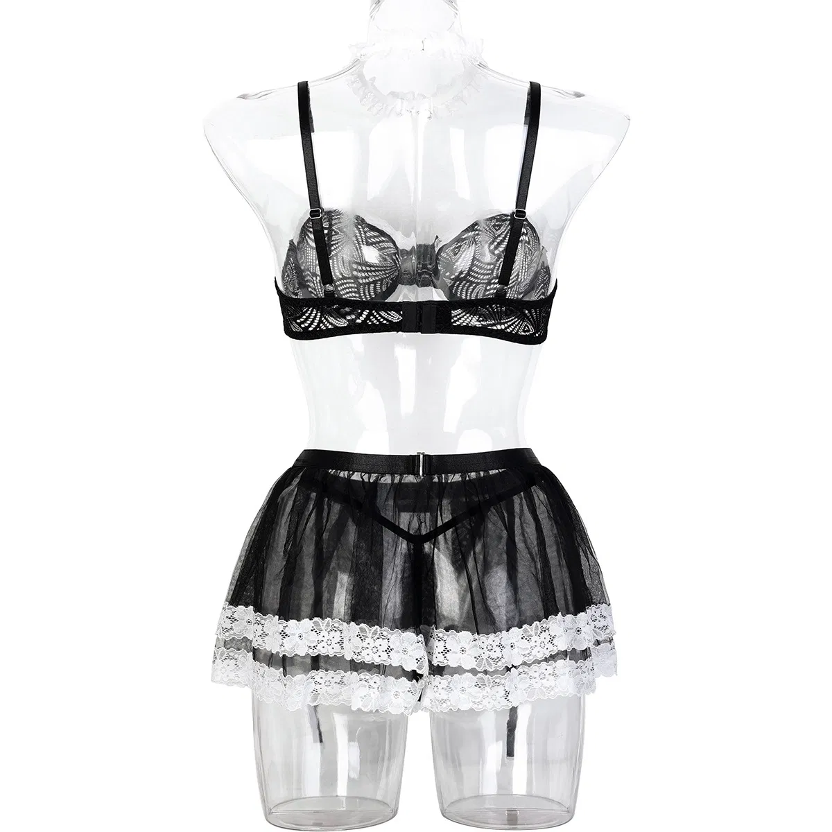 Sexy Transparent Mesh Skirt Woman Bra Set with Stockings New Contrast Color Maid Lingerie