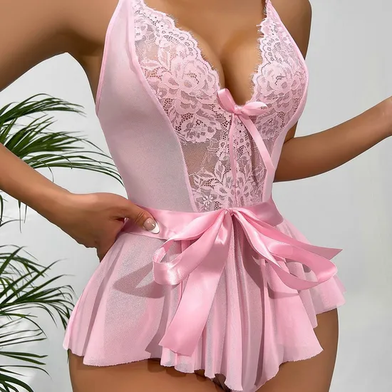 Sexy Transparent Mesh Sleeveless One Piece Bra Set Hot Sell Deep-V Woman Lingerie