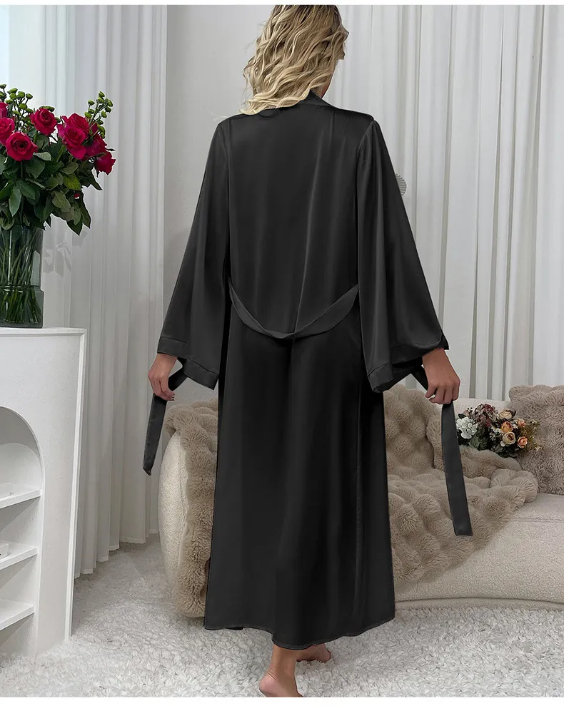 Wholesale Solid Color Satin Sleepwear Sexy Long Sleeve Woman Silk Night Robe