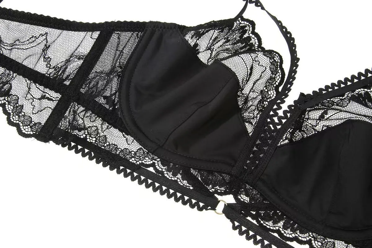 New Style French Transparent Embroidery Lace Trim Breathable Ultra-Thin for Women Soft Bra Underwear Sexy Lingerie Set