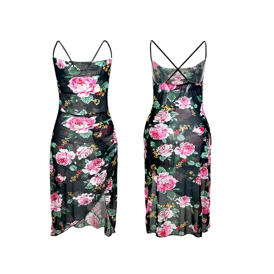 Sexy Flower Print Perspective Mesh Dress Sleepwear Wholesale Suspender Women Nightwear