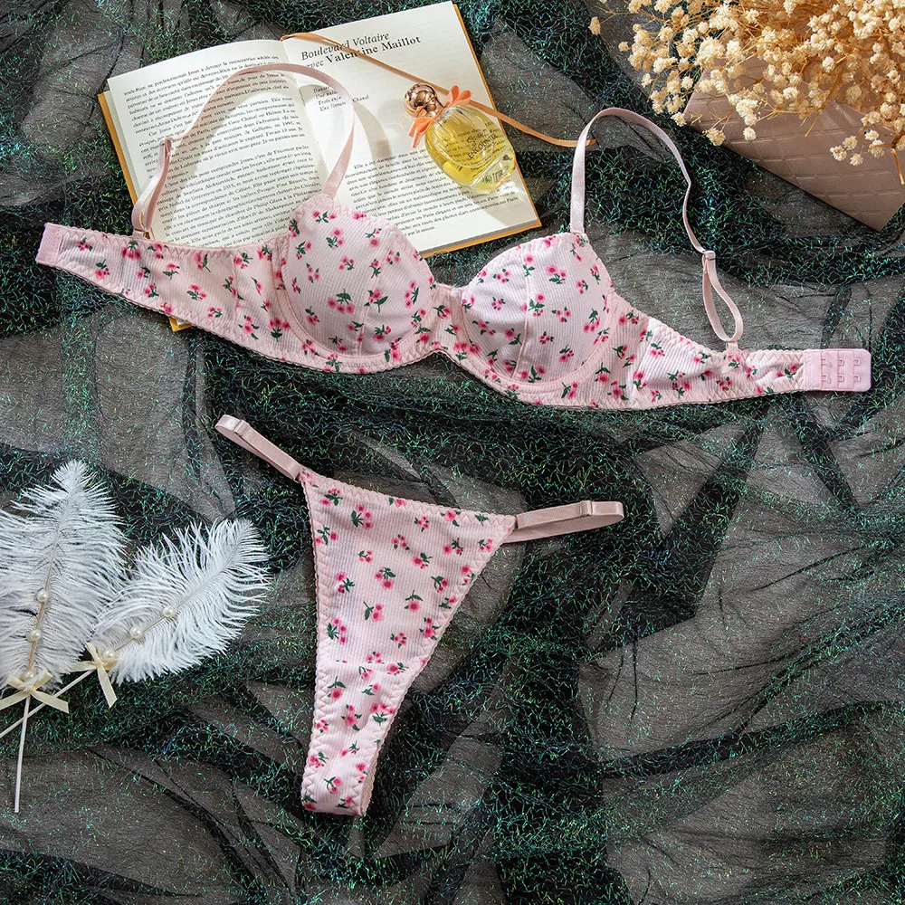 New Fashion Floral Print Two-Piece Bra Set Sexy See-Through Women Lingerie