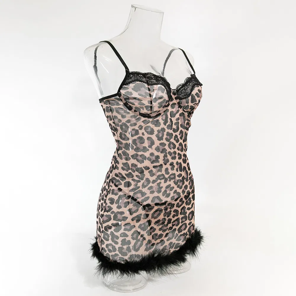 Sexy Leopard Print Transparent Feather Dress Bra Set Hot Suspender Women Lingerie