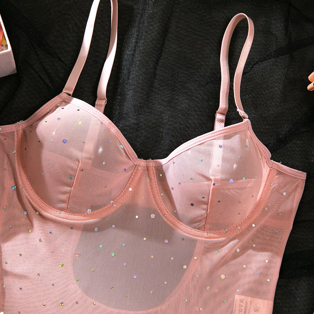 Sexy Perspective Mesh Bra Set with Gloves Hot Sell Sparkle Rhinestone One-Piece Lingerie