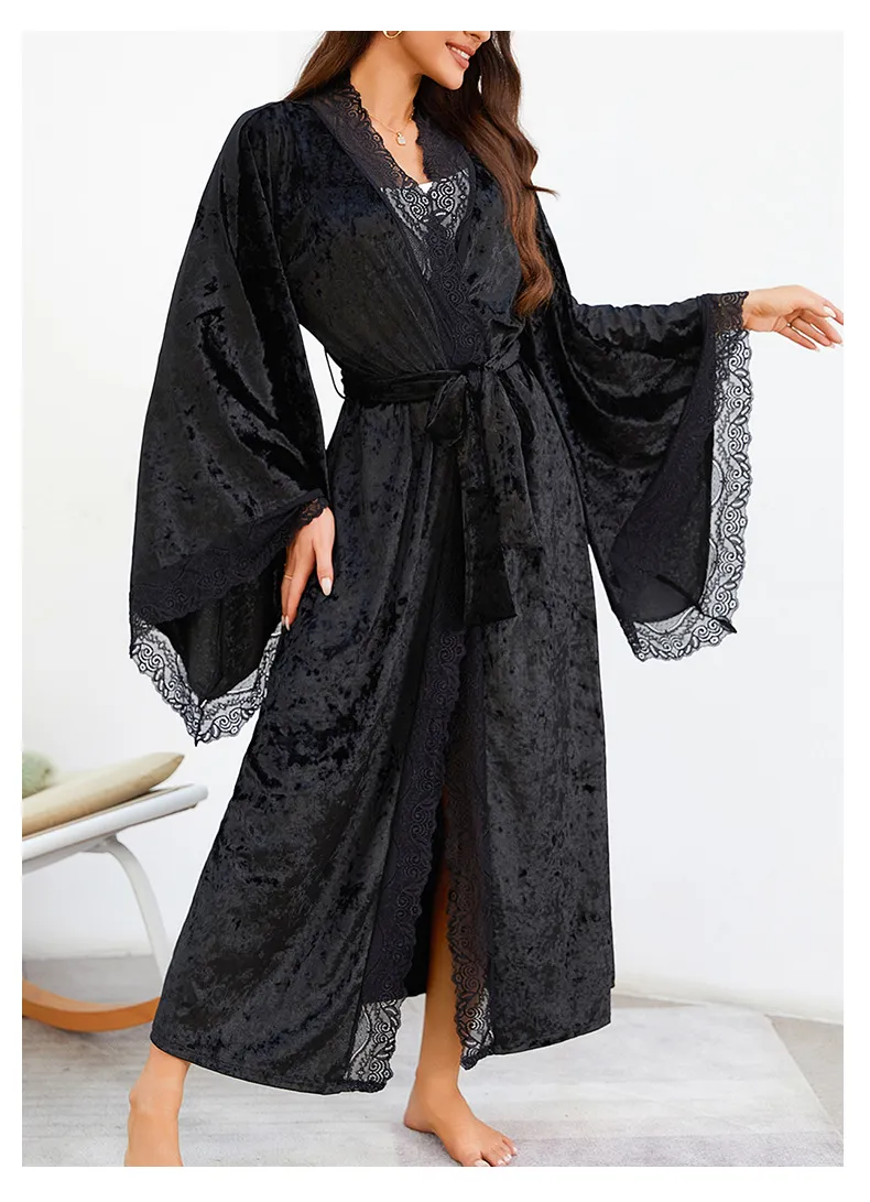 Sexy Luxury Sleepwear Nightwear Wholesale Velvet Lace Long Sleeve Woman Bath Robe