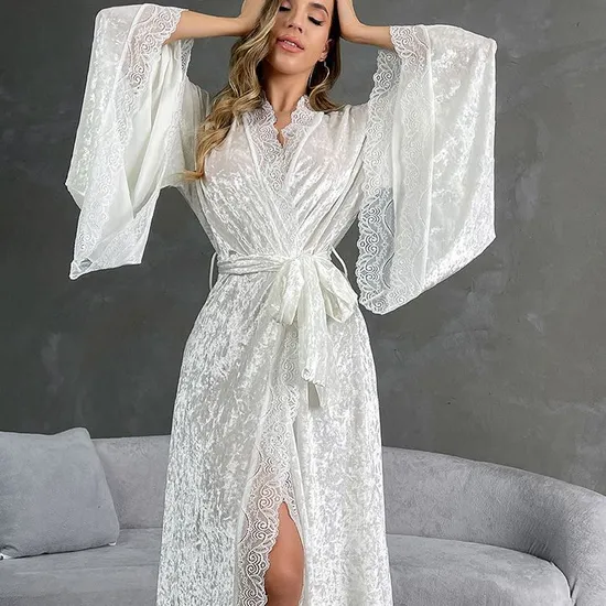 Sexy Luxury Sleepwear Nightwear Wholesale Velvet Lace Long Sleeve Woman Bath Robe