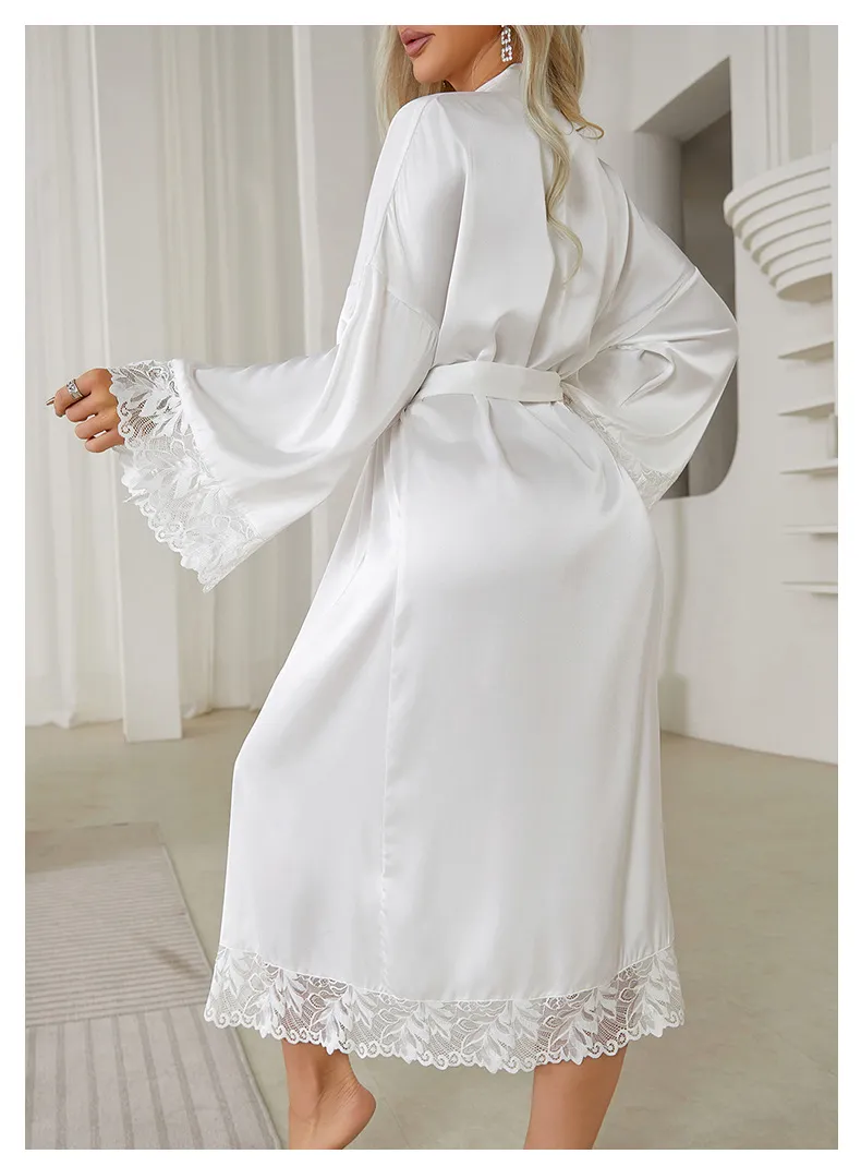 Wholesale Luxury Satin Long-Sleeved Women Sleepwear Nightwear Sexy V-Neck Lace Bath Robe