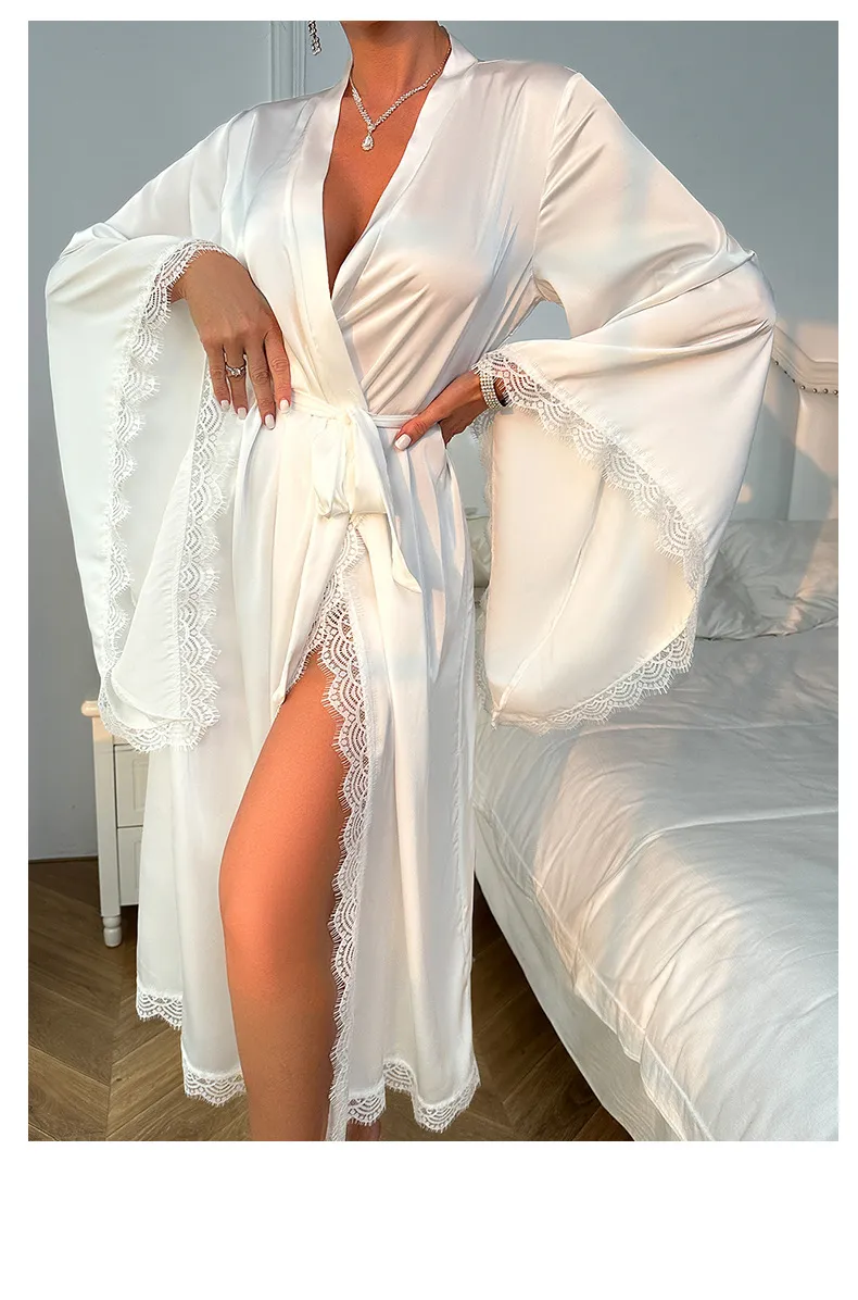 Sexy Satin Long Sleeved Sleepwear Nightwear Wholesale Luxury Solid Color Woman Bath Robe