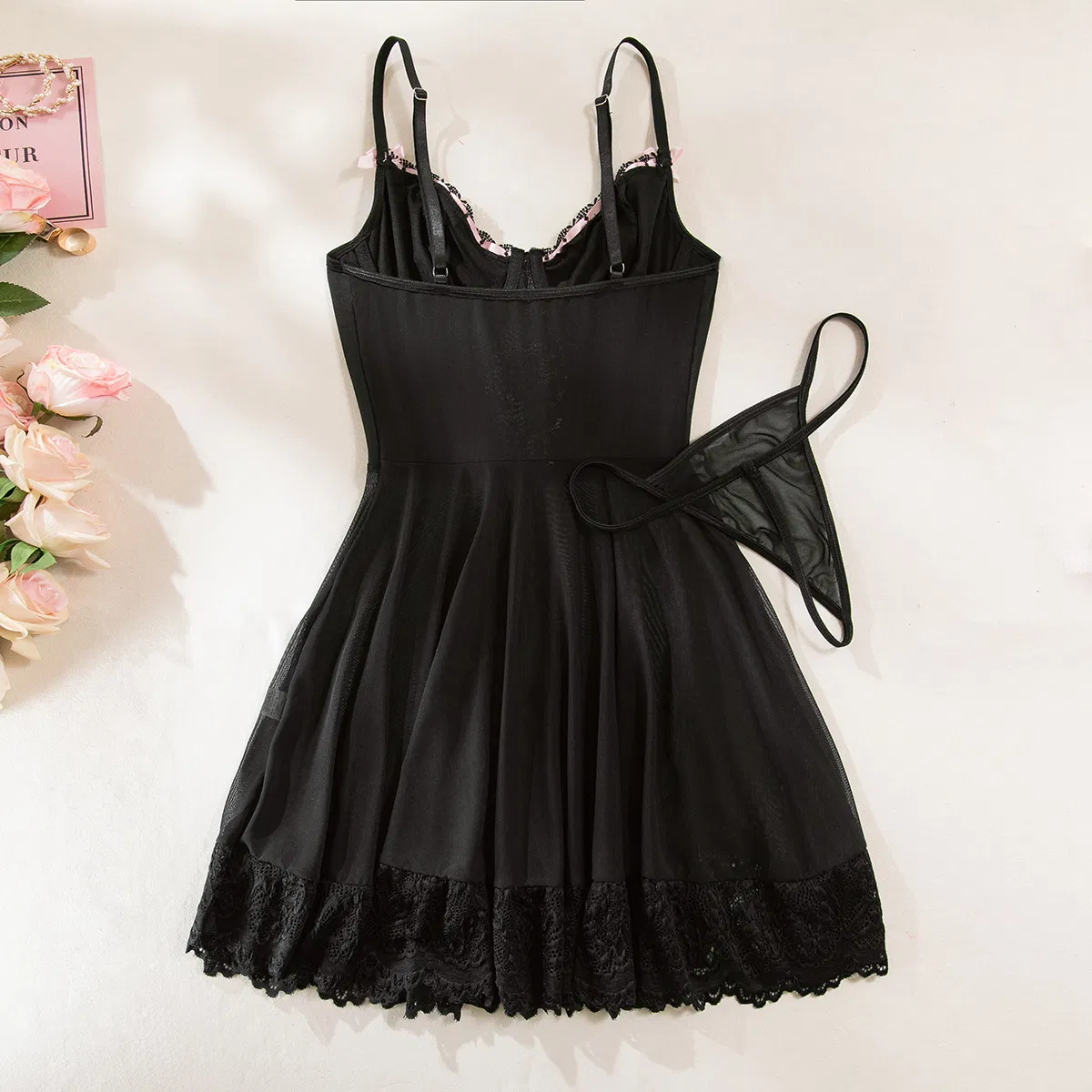 Sexy Bow Mesh See-Through Dress Underwear Set Hot Women Two-Piece Lingerie