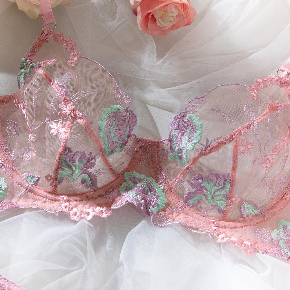 New Design Ultra-Thin Floral Embroidery Underwear Set Sexy Woman 2 Piece Lingerie