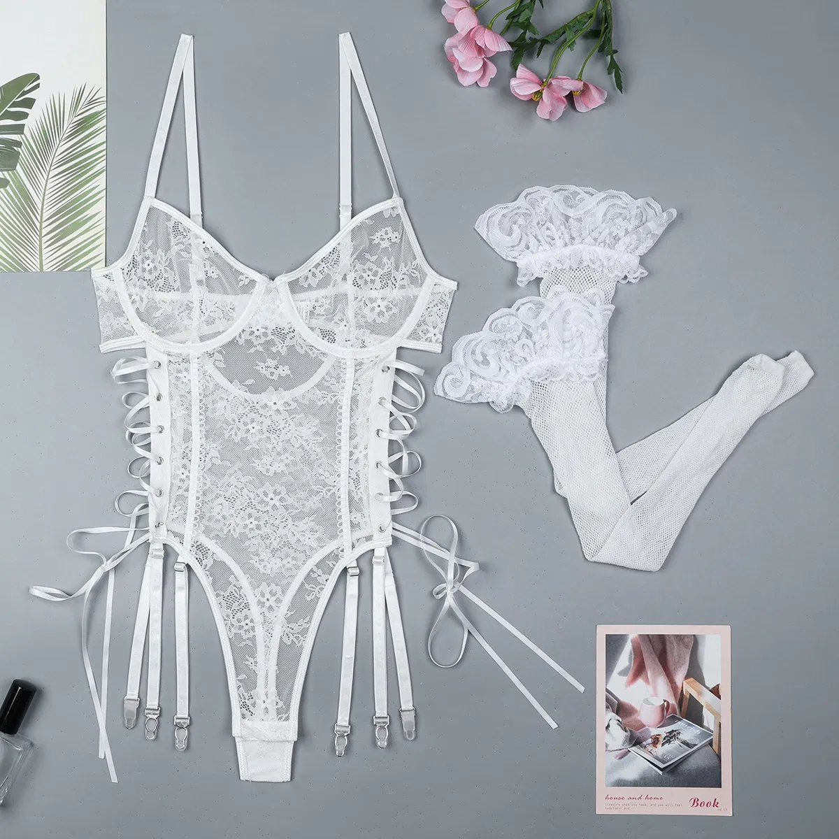 Sexy See-Through Mesh Embroidered One-Piece Bra Panty Set New Solid Color Lingerie