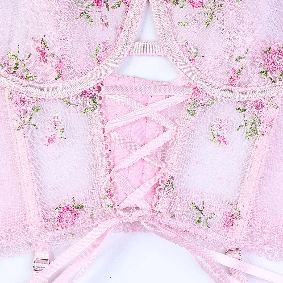 Wholesale Embroidered Floral Fish-Bone Woman Underwear Set Sexy See-Through Cross Strap Lingerie