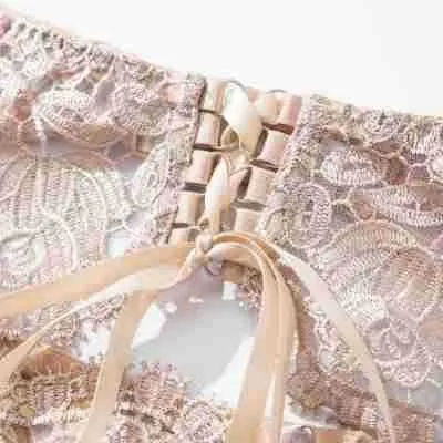 Wholesale Apricot Bandage See-Through Underwear Set for Woman Sexy Flower Embroidery Lingerie