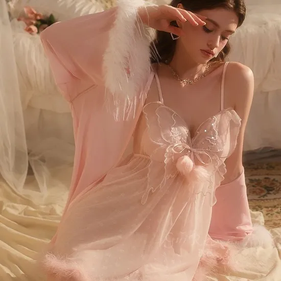 Sexy See-Through Mesh Nightgown Dress and Robe Hot Sell Embroidered Lace Women's Nightwear