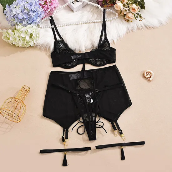 Wholesale Transparent Embroidery Underwear Set for Woman Sexy Gold Thread Black Lace Lingerie