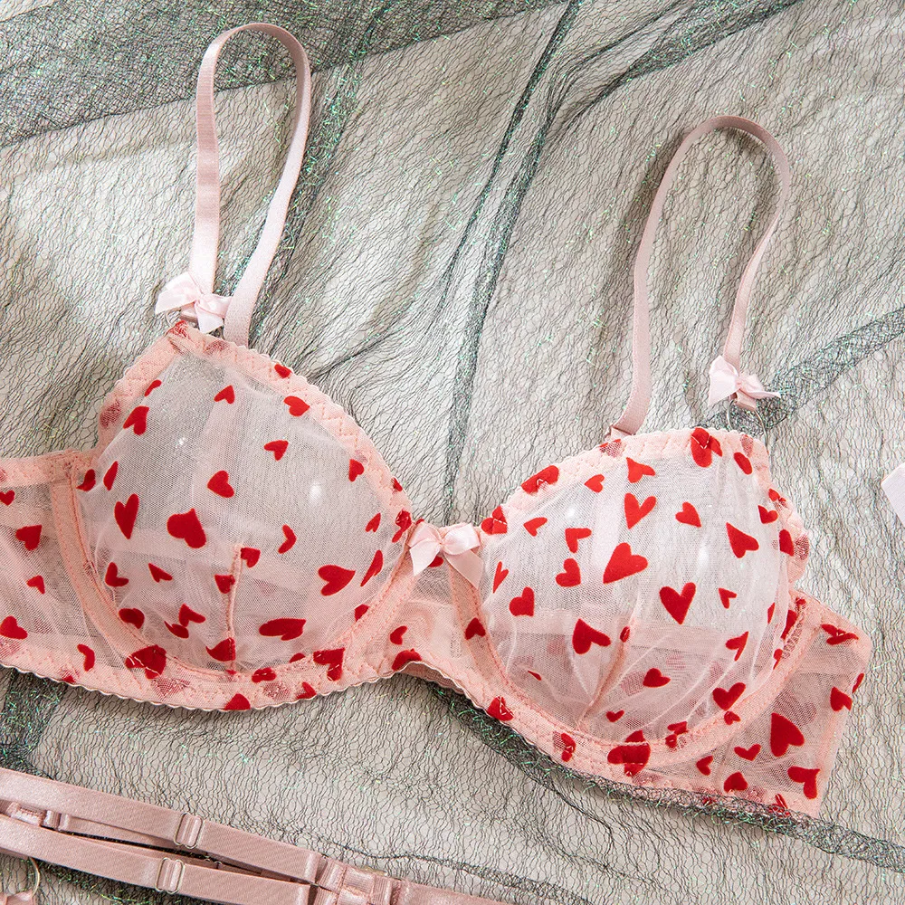 Sexy See-Through Women Bra Set with Embroidery New Red Heart Pattern Lingerie Set