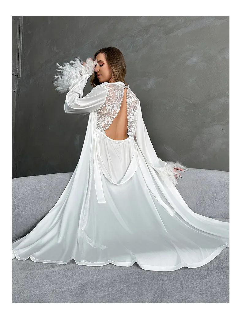 Wholesale V Neck Luxury Satin Sleepwear Sexy Long Sleeve Feather Cuff Women's Robe