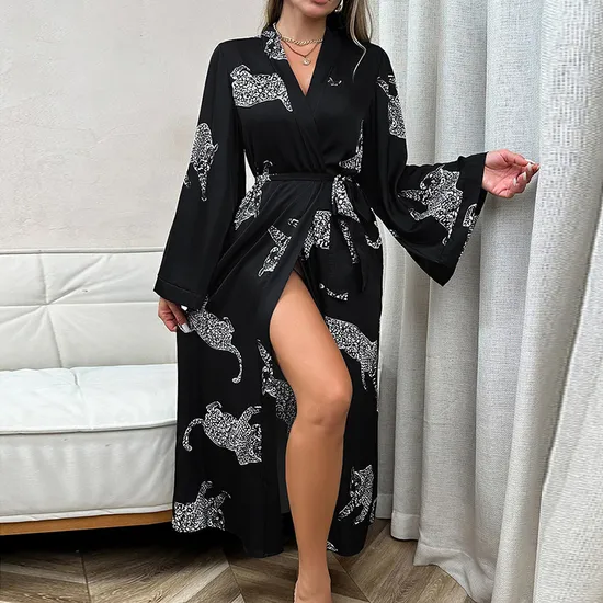 Wholesale Women's Nightwear Dress Sleepwear with Tie up Sexy Satin Long Sleeve Robe