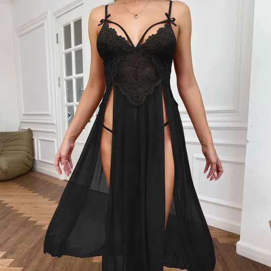 Sexy See Through Mesh Long Lingerie Women Sleepwear Hot V-Neck Embroidered Lace Nightwear