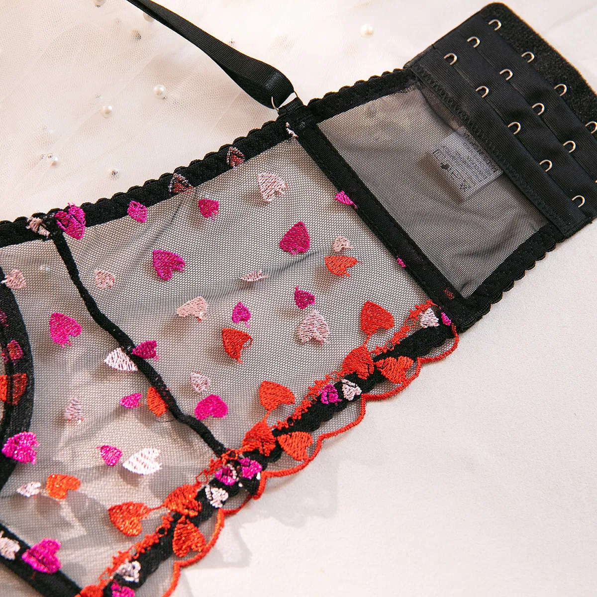 Sexy Fishbone Heart-Shaped Embroidery 2 PCS Underwear Set Wholesale Transparent Mesh Lingerie