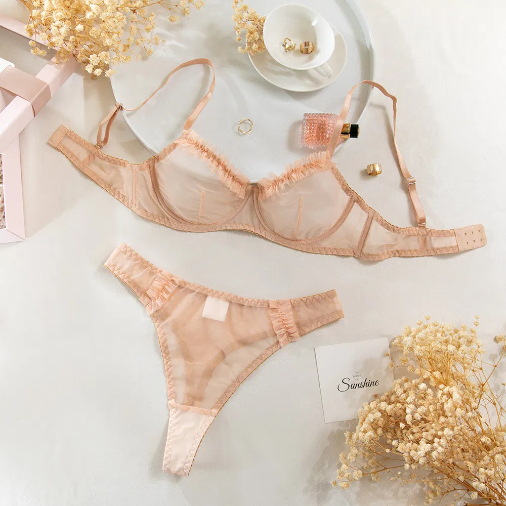 Sexy Perspective Mesh Ruffled Lace Woman Bra Set Hot Sale Solid Color 2 Pieces Lingerie